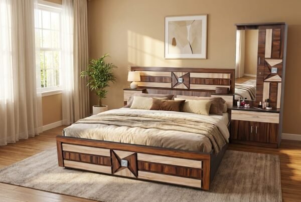 Boston Solid Wood Compact Sizes with multiple shape Bed in Teak Finish